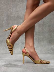 CUCCOO SZL Women's Pointed Toe Thin High-Heel Silver Simple Pumps For Christmas - Gold - View 3