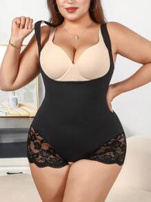 SHEIN Minimalist Lace Seamless Shapewear Jumpsuit With Slit - Black - View 3