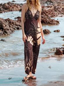 Lumivelle Women's Deep-V Neck Digital Print Jumpsuit - Multicolor - View 4