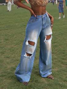 Slaydiva Women's Pockets Distressed Wide Leg Loose Casual Versatile Jeans - Blue - View 2