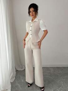 Elenzga 女士休闲拼接撞色纽扣装饰短袖两件套 - 米色 - 查看 5