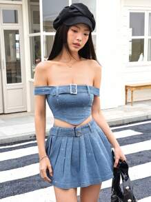 SHEIN Unity K-Vae Women's Going Out Outfits,Off Shoulder Top & Pleated Denim Skirt 2pcs Set, Summer Fashion - Medium Wash - View 5