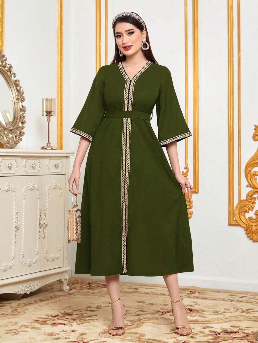 Al Najma Gaun Wanita Elegan Gaya Arab dengan Pita Sambungan, Leher V, dan Lengan Mengembang - Olive Green - View 1