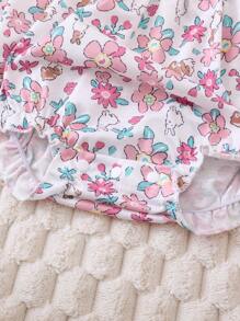 SHEIN 3pcs/Set Baby Girl Cute Floral & Leopard Print Ruffle Hem Casual Outfit - Baby Pink - View 5