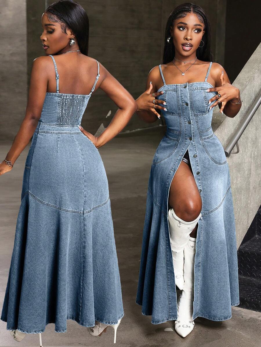 Slaydiva Abito a bretelle di jeans casual da donna, minimalista e alla moda, adatto per l'estate