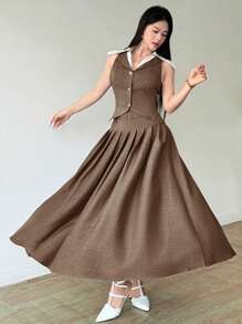 Modelyn 2 件女士优雅通勤拼色领背心和百褶裙套装