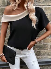 SHEIN Clasi Colorblock Asymmetrical Neck Batwing Sleeve Blouse One Shoulder Top - Black - View 7