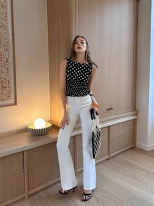 Pariaura Elegant Summer Polka Dot Print Sleeveless Tie-Waist Blouse - Black - View 6