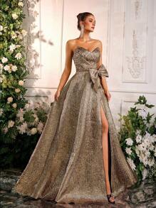 Glamrae Elegant Gold Satin Jacquard Asymmetric Bustier Dress, Detachable Bow, Luxury A-Line With High Slit And Adjustable Tie Back, Formal Gown, Party Dress, Wedding Guest Dress, Evening Dress - Champagne - View 6