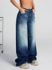 EURMUSE WOMEN DENIM WIDE LEG LOW WAIST JEANS - Dark Wash - View 5