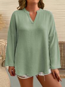 Blusa holgada de manga larga con cuello en V de unicolor para mujeres de talla grande - Verde - Ver 5