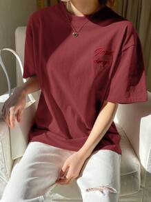 DAZY Loose Minimalist Solid Color Letter Embroidery Short Sleeve Women T-Shirt Oversized T-Shirt - Burgundy - View 5