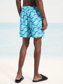 Surfspeed Men's Ocean Life Print Drawstring Waist Beach Shorts - Blue - View 2
