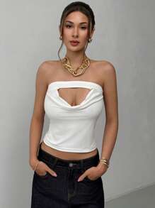 Aloruh 全新纯白色性感镂空垂坠领吊带背心，收腰设计 - 白色 - 查看 3