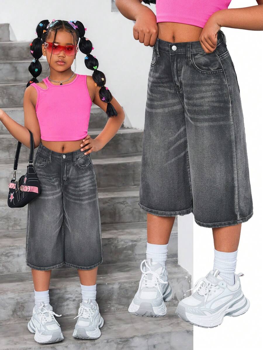 SHEIN Tween Girl Fashion Casual Y2k Base Baggy Comfortable Six-Cent Denim Shorts For Tween Girl Clothes Boys Soft Dailywear And Tween Girl Summer And Spring Clothes - Grey - View 1