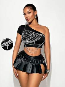 Sirith Women's Fashionable Cross Chain Decorated Cropped Top, Summer - Black - View 1