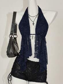 SHEIN ICON 女士 Y2k 性感 90 年代服装节 Coquette 勃艮第红色嬉皮蕾丝露背挂脖休闲上衣，日常穿着