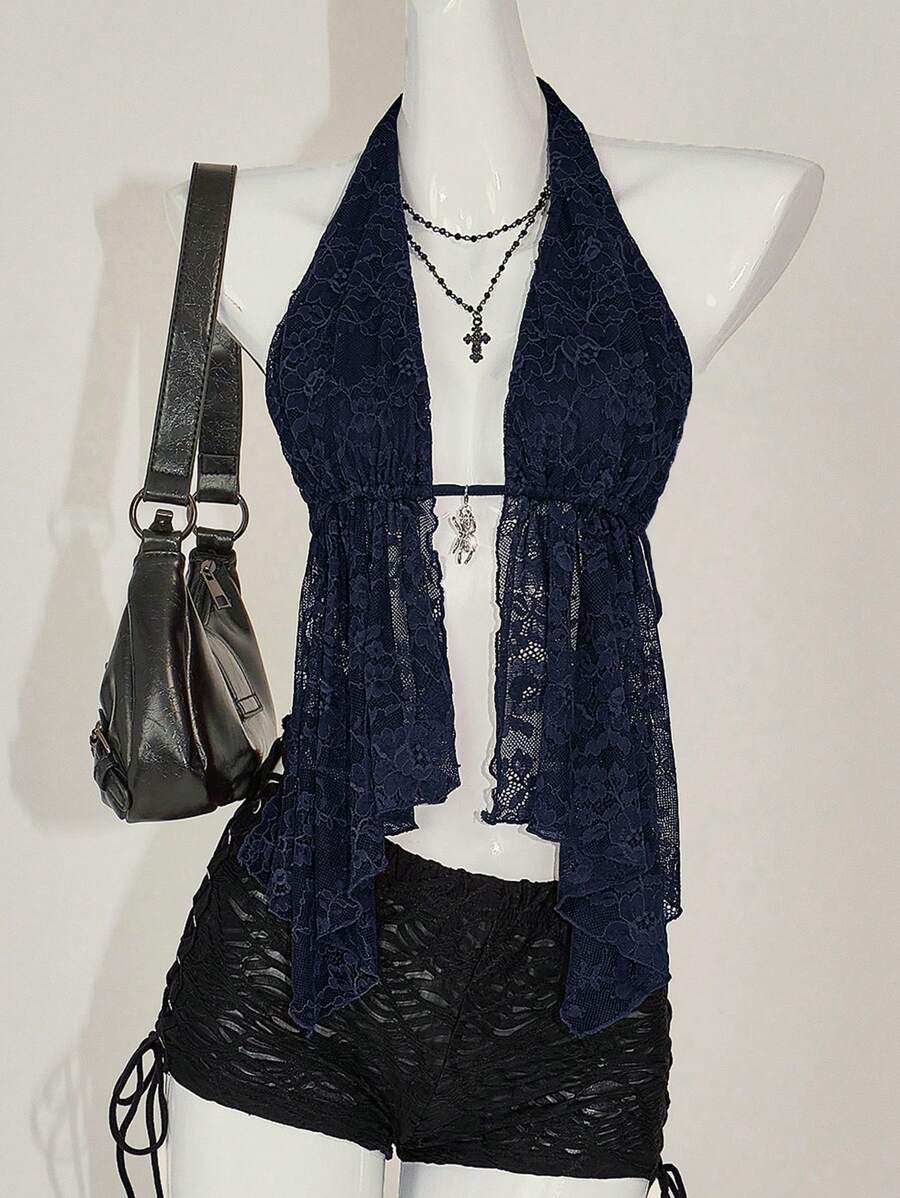 SHEIN ICON 女士 Y2k 性感 90 年代服装节 Coquette 勃艮第红色嬉皮蕾丝露背挂脖休闲上衣，日常穿着