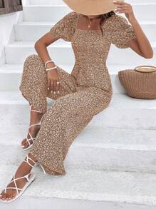 SHEIN Clasi Bộ đồ liền thân ống rộng tay bồng họa tiết hoa nhỏ xinh dành cho nữ, trang phục thường ngày - màu nâu - Xem 5