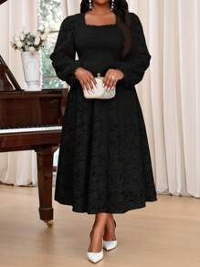SHEIN Lady Plus Size Elegant Party Solid Color Textured Flare Sleeve Fishtail Dress New Years Vacation Outfits Elegant Party Pink Valentine Day Formal Dresses For Women Lace Dress Pink Dress For Women Summer Dresses For Women