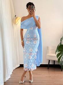 Chiquease 优雅时尚迷人不对称肩部收腰刺绣网眼透明飘逸中长连衣裙，春夏，蓝色 - 藍色 - 查看 6