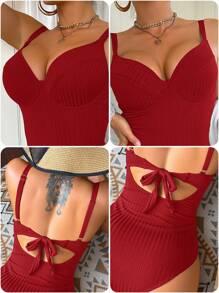 Swim DD+ Women's Solid Color Ribbed Camisole One-Piece Swimsuit, Suitable For Vacation For Summer - Red - View 4