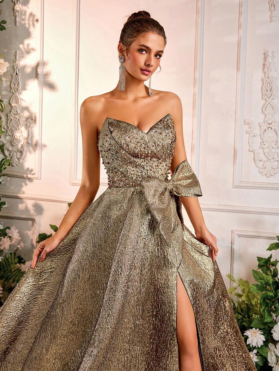 Glamrae Elegant Gold Satin Jacquard Asymmetric Bustier Dress, Detachable Bow, Luxury A-Line With High Slit And Adjustable Tie Back, Formal Gown, Party Dress, Wedding Guest Dress, Evening Dress - Champagne - View 1