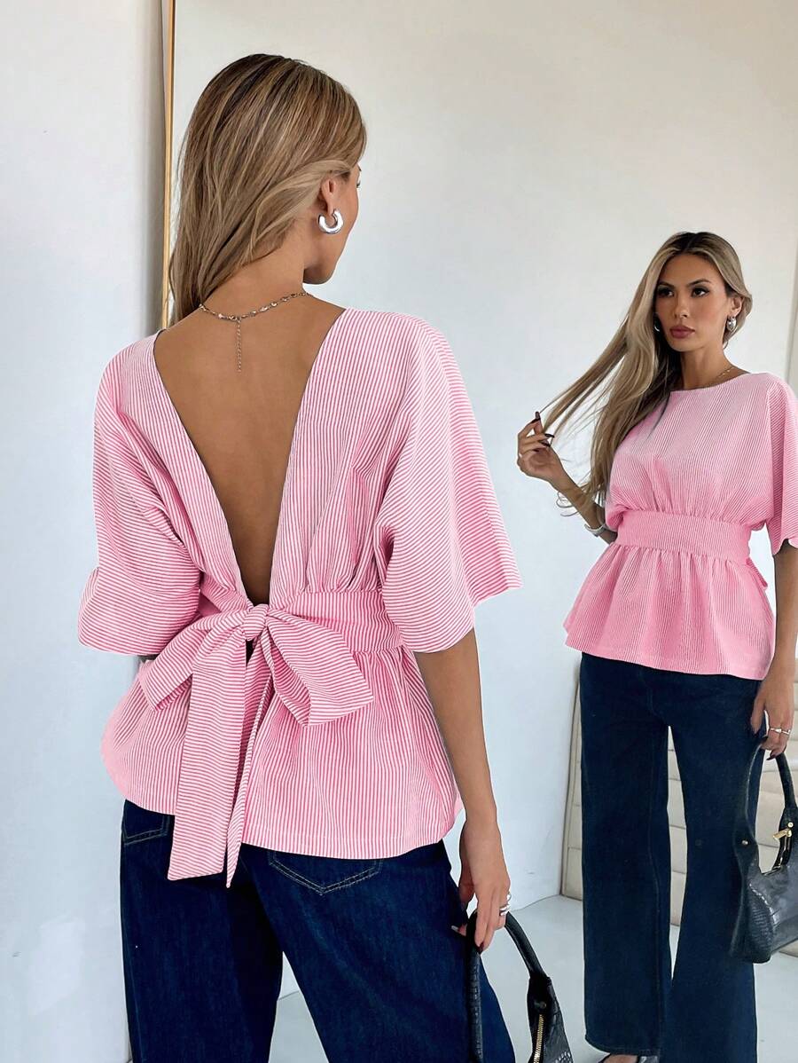 Siren Gaze 女士条纹扭纹后背短袖休闲衬衫