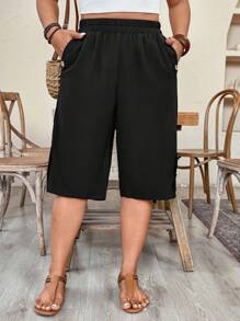 EMERY ROSE Plus Size Casual Shorts With Elastic Waistband, Side Pockets, And Rivet Decorations