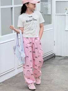 DAZY 2 Stücke Tween Mädchen Herbstkleidung Set: Tween Mädchen Rundausschnitt gestricktes Shirt mit Allover-Muster Kurzarm + Schleifenmuster Webstoff Lange Hose, Frühling/Sommer, Schulanfang Kleidung