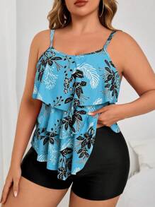 Swim Lushoire Plus Size 2pcs Set Women Halter Neck Layered Ruffle Hem Orange Floral Print Mix Black Shorts Bikini Swimsuit For Summer Beach Vacation - Multicolor - View 1