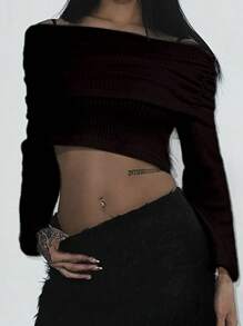 DAZY Femmes T-shirt col roulé moulant à épaules dénudées Y2k, Top à épaules dénudées, Hauts preppy à manches longues pour femmes, Hauts courts pour femmes - Noir - Voir 2