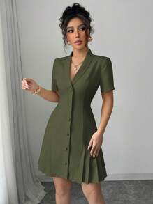 Elenzga Abito mini elegante da donna, a tinta unita, stile francese, con colletto alla coreana, decorazione con bottoni, vita segnata, gonna plissettata, maniche corte, adatto per pendolarismo, casual, vacanze
