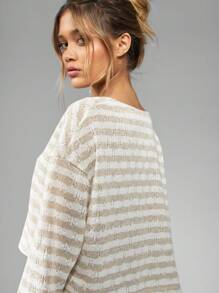 MISSGUIDED Stripe Knit Co-Ord Set With Balloon Sleeves Ribbed Texture Two-Piece Loungewear Set Cozy V-Neck Crop Top And High-Rise Shorts Set Winter Lounge Set - Khaki - View 6