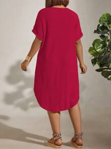 EMERY ROSE 大码女式纯色圆领短袖直筒宽松休闲连衣裙 - 玫紅色 - 查看 2