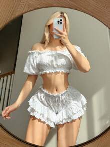 Sweetina 2 pezzi Set Top a spalle scoperte con balze e pantaloncini a fantasia e texture - Bianco - Visualizzare 3