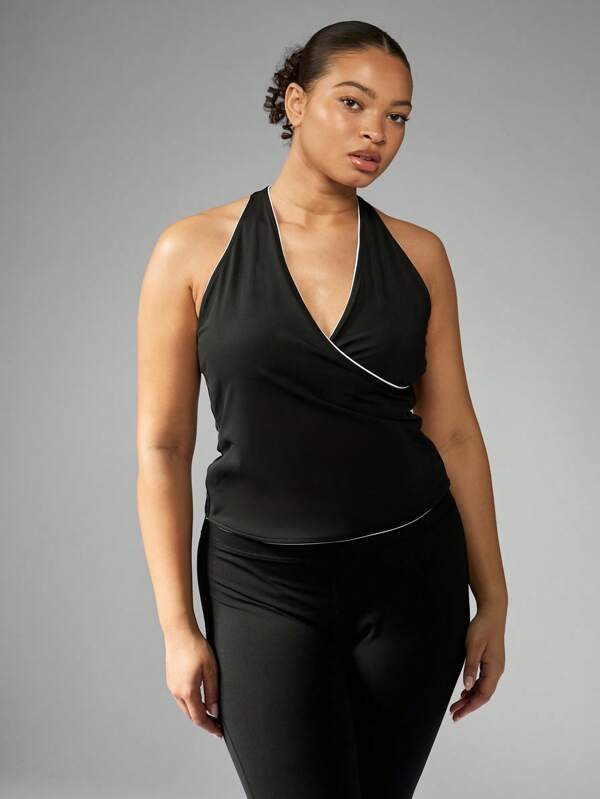 MISSGUIDED MISSGUIDED PLUS Premium Activewear Sleeveless Tank Plus Size Performance Top Athletic Cross-Over Wrap Design Workout Training Running Tank High-Neck Moisture-Wicking Fitness Sports Apparel
