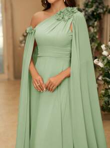 SHEIN Belle 3D Flower Decor, Flowy Sleeve, Asymmetrical Shoulder Chiffon Bridesmaid Dress, Women Evening Party Gown, Wedding Guest Dress, Formal Dress - Mint Green - View 4
