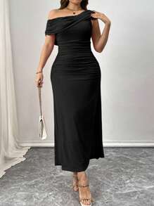 Elenzga Đầm tay ngắn lưới xếp nếp màu trơn lãng mạn cỡ lớn cho nữ - màu đen - Xem 1