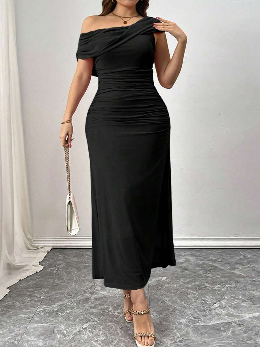 Elenzga Đầm tay ngắn lưới xếp nếp màu trơn lãng mạn cỡ lớn cho nữ - màu đen - Xem 1