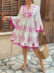 SHEIN Holidaya Plus Size Deep V-Neck Bohemian Style Vacation Halter Tassel Floral Hem Dress, Spring/Summer