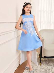 SHEIN Vestido formal elegante sin mangas con cuello redondo y lazo en la espalda para niña preadolescente - Celeste - Ver 3