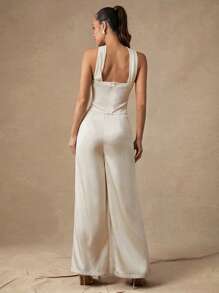 Silquee Ärmellose, sexy, elegante Halter-Neck Bluse für Frauen, weiß, apricotfarben, geeignet für Strandurlaub, figurbetontes Design, satin-graziöse Blusen, Frühling/Sommer, Basic, süßer Sommertop, Brunch, Flughafen, Frauen Sommer, elegante Satinbluse, weiße Abschlussfeier, trägerloses Top, Festival - Weiss - Übersicht 4