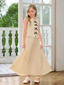 女童蝴蝶结装饰背心和百褶迷你裙 2 件套 - 杏色 - 查看 1