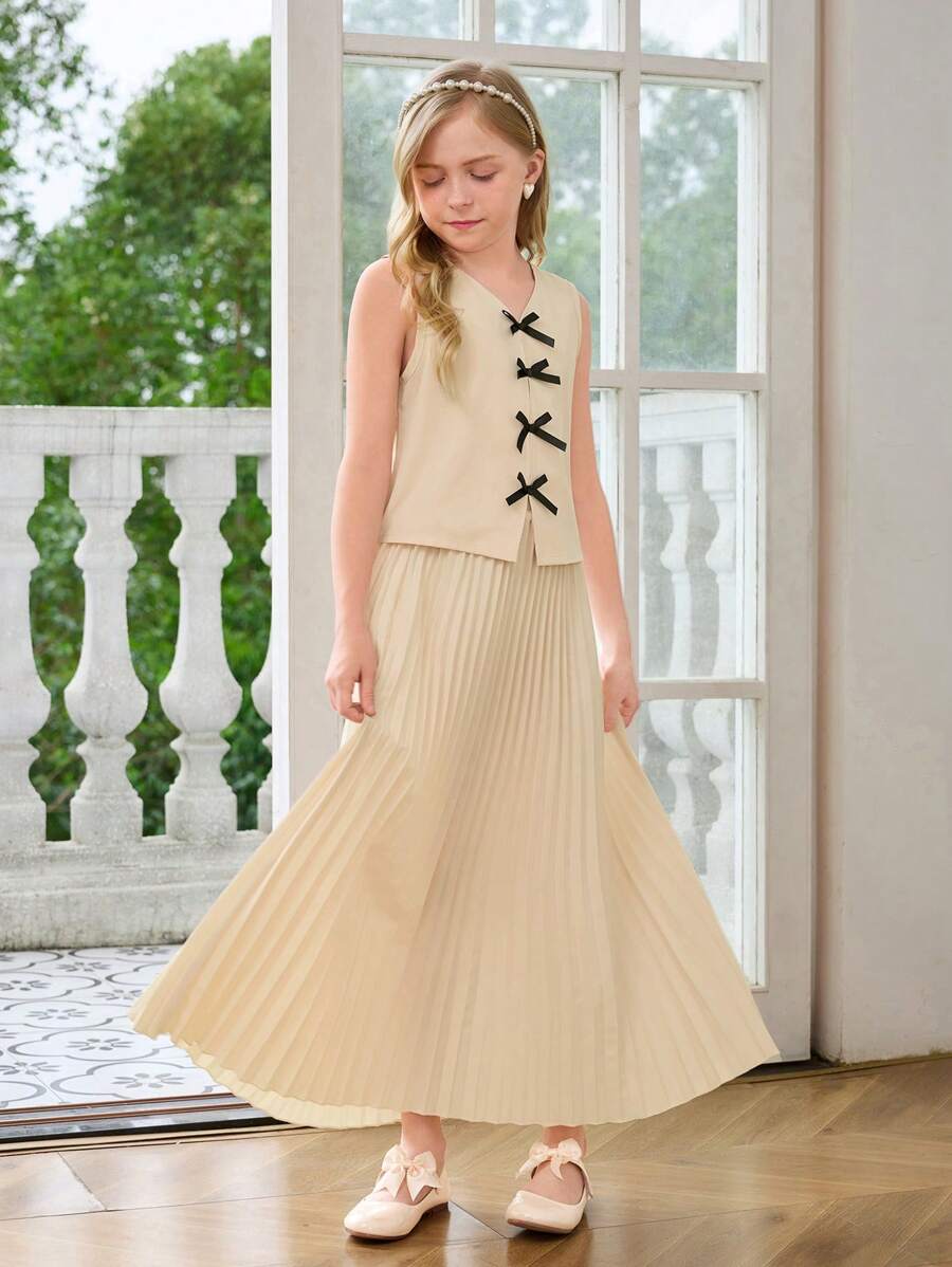 女童蝴蝶结装饰背心和百褶迷你裙 2 件套 - 杏色 - 查看 1