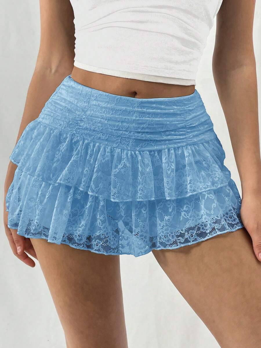 EgrlEra 女士时尚甜美纯色双层蕾丝白色迷你 A 字裙 Y2K - 淺藍色 - 查看 1