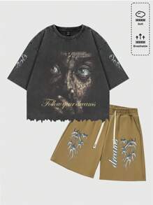 ROMWE MEN Street Life Men's Letter & Figure Print Washed Distressed T-Shirt And Shorts Casual Set - Black - View 7