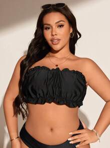 Swim Basics Plus Size Women Solid Color Ruched Bandeau Bikini Top For Summer Beach - Black - View 4