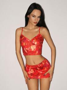SHEIN ICON Set di canotta senza maniche con scollo a V e gonna aderente corti con stampa retrò, stile vacanziero, per l'estate