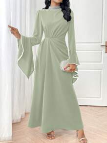 Veilorie Women's Solid Color Long Sleeve Arabic Style Dress, Casual & Fashionable For Daily Wear Long Evening Dresses